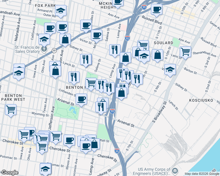 map of restaurants, bars, coffee shops, grocery stores, and more near 2849 South 18th Street in St. Louis