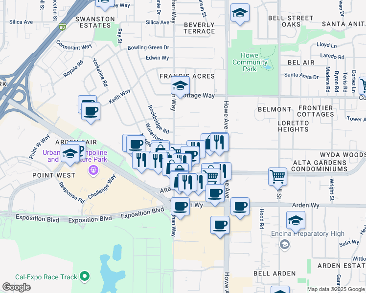 map of restaurants, bars, coffee shops, grocery stores, and more near 1860 Ethan Way in Sacramento