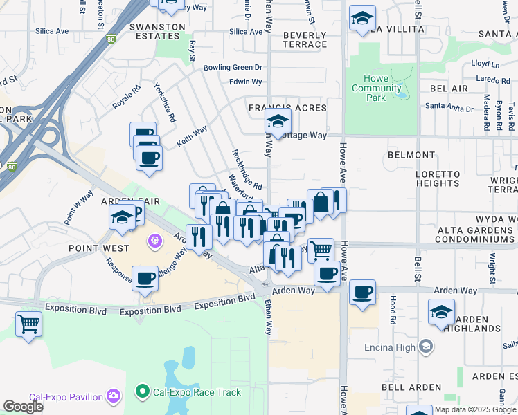 map of restaurants, bars, coffee shops, grocery stores, and more near 1905 Middleberry Road in Sacramento