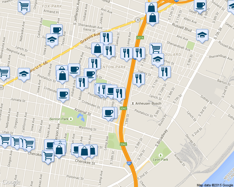 map of restaurants, bars, coffee shops, grocery stores, and more near 2849 South 18th Street in St. Louis