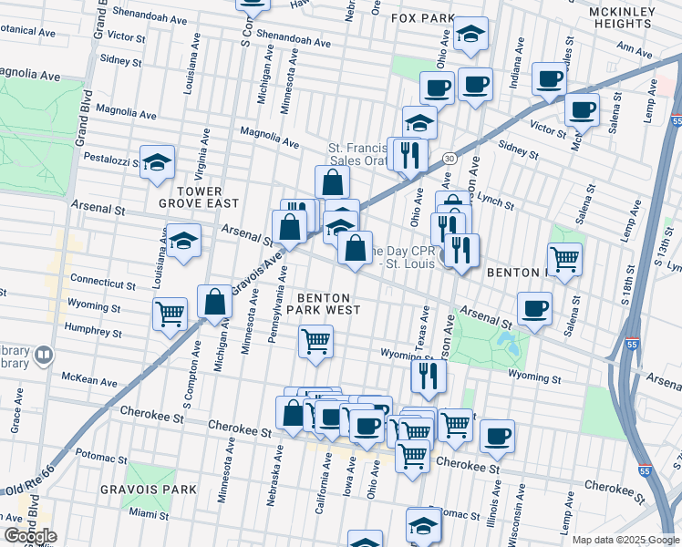 map of restaurants, bars, coffee shops, grocery stores, and more near 2811 Juniata Street in St. Louis