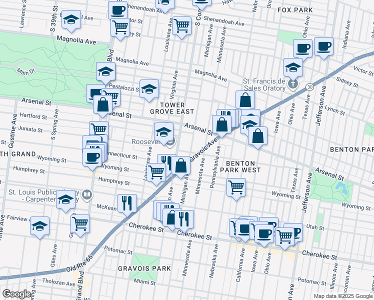 map of restaurants, bars, coffee shops, grocery stores, and more near 3166 South Compton Avenue in St. Louis