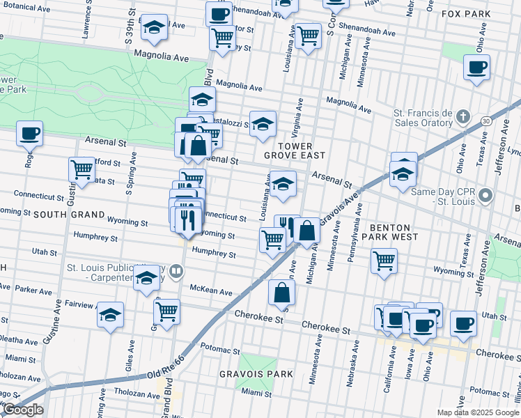 map of restaurants, bars, coffee shops, grocery stores, and more near 3400 Connecticut Street in St. Louis