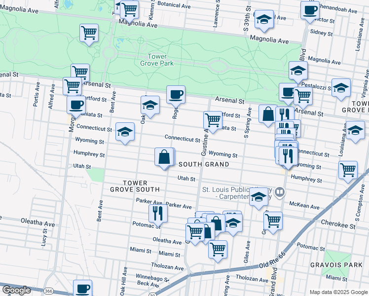 map of restaurants, bars, coffee shops, grocery stores, and more near 3950 Wyoming Street in St. Louis