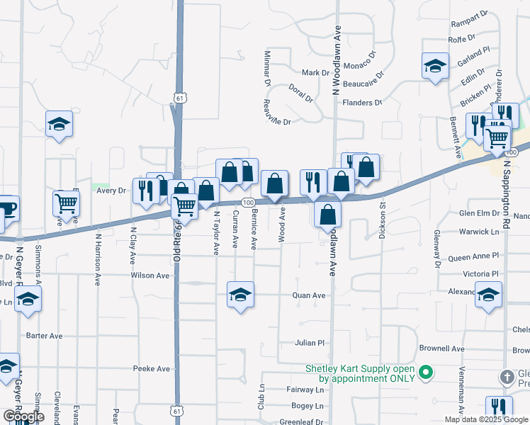 map of restaurants, bars, coffee shops, grocery stores, and more near 1041 Sylvan Place in Saint Louis