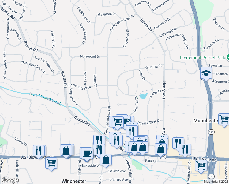 map of restaurants, bars, coffee shops, grocery stores, and more near 4 Otley Court in Ballwin