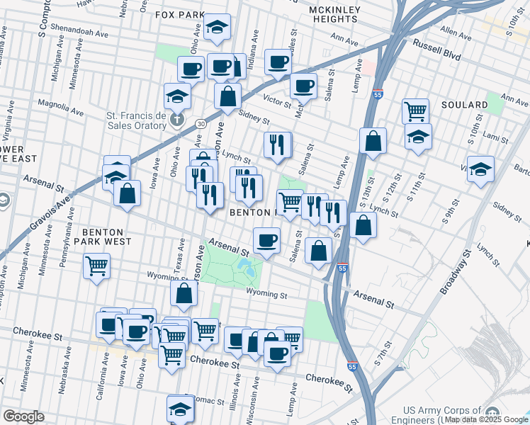 map of restaurants, bars, coffee shops, grocery stores, and more near in St. Louis
