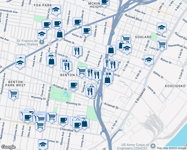 map of restaurants, bars, coffee shops, grocery stores, and more near 2836 Lemp Avenue in St. Louis