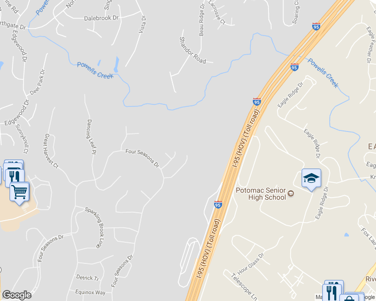map of restaurants, bars, coffee shops, grocery stores, and more near 3600 Secret Grove Court in Dumfries