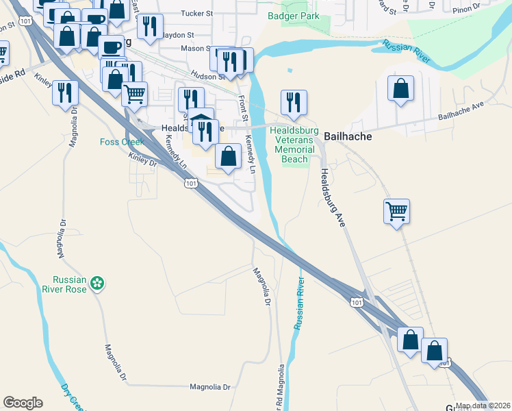 map of restaurants, bars, coffee shops, grocery stores, and more near 173 Presidential Circle in Healdsburg