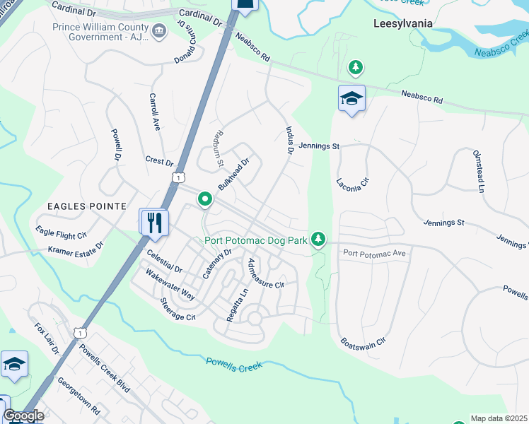 map of restaurants, bars, coffee shops, grocery stores, and more near 16139 Indus Drive in Woodbridge
