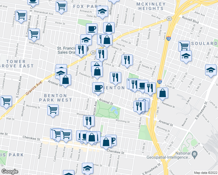 map of restaurants, bars, coffee shops, grocery stores, and more near 2931 Missouri Avenue in St. Louis