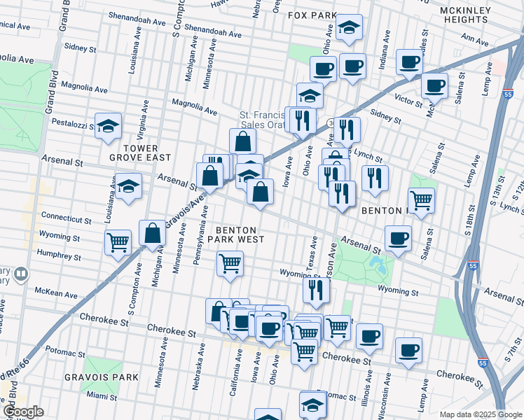 map of restaurants, bars, coffee shops, grocery stores, and more near Arsenal St & California Ave in St. Louis