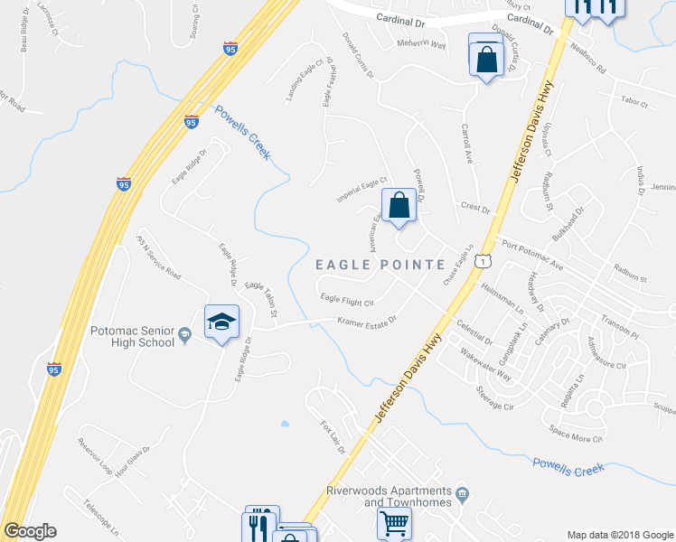 map of restaurants, bars, coffee shops, grocery stores, and more near 16248 Eagle Flight Circle in Woodbridge