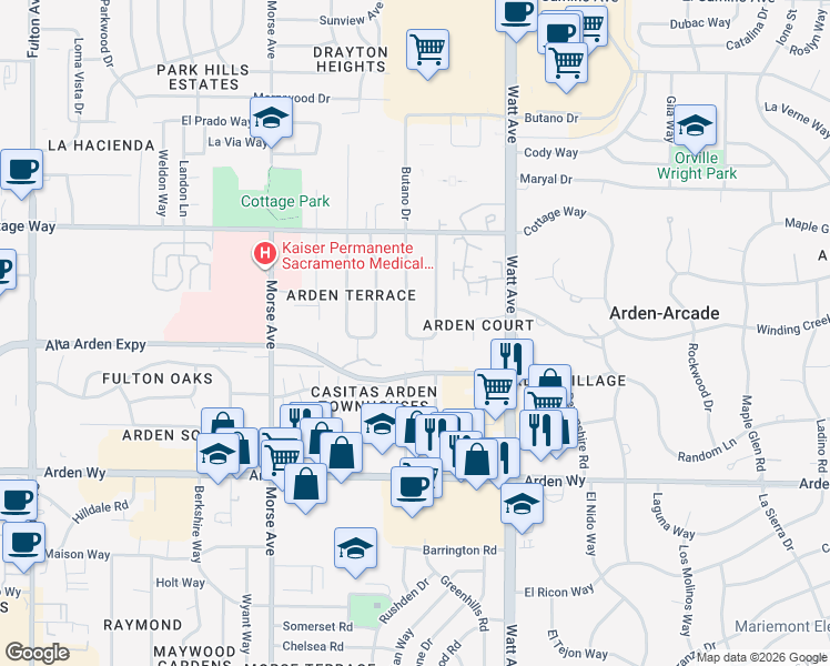 map of restaurants, bars, coffee shops, grocery stores, and more near 1904 Richmond Street in Sacramento
