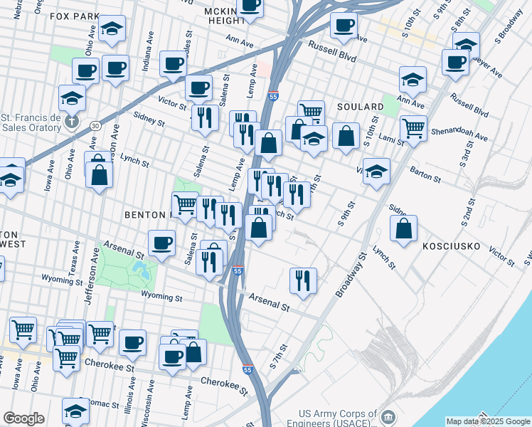 map of restaurants, bars, coffee shops, grocery stores, and more near 1127 Pestalozzi Street in St. Louis
