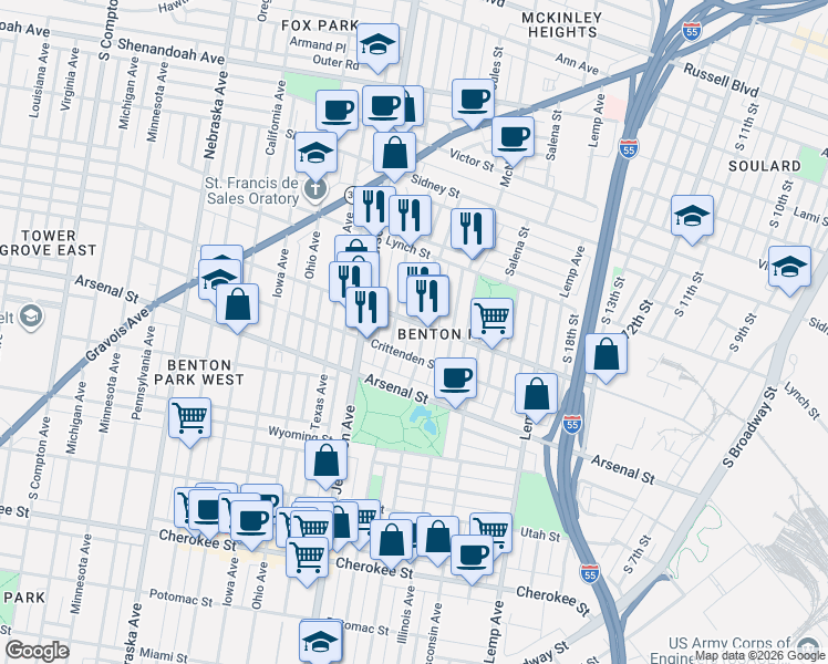 map of restaurants, bars, coffee shops, grocery stores, and more near 2931 Missouri Avenue in St. Louis
