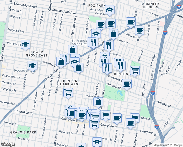 map of restaurants, bars, coffee shops, grocery stores, and more near in St. Louis