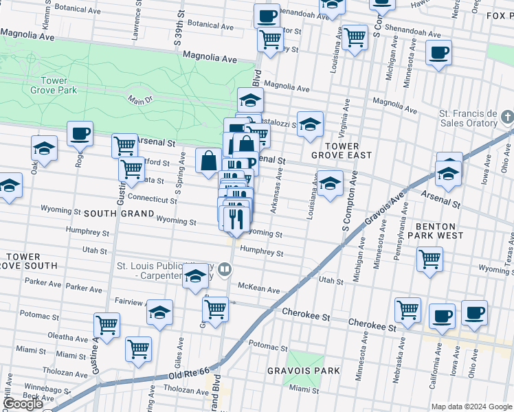 map of restaurants, bars, coffee shops, grocery stores, and more near 3522 Connecticut Street in St. Louis