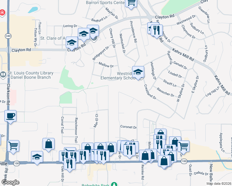 map of restaurants, bars, coffee shops, grocery stores, and more near 217 Flesher Drive in Ellisville