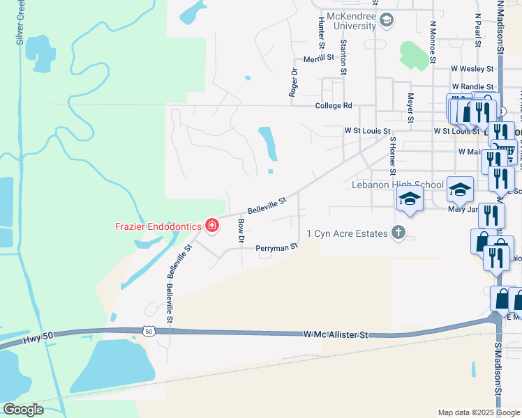 map of restaurants, bars, coffee shops, grocery stores, and more near Belleville Street in Lebanon