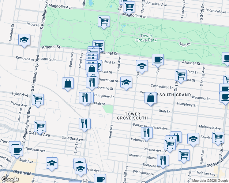 map of restaurants, bars, coffee shops, grocery stores, and more near 4161 Humphrey Street in St. Louis