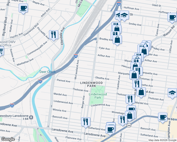 map of restaurants, bars, coffee shops, grocery stores, and more near 6919 Oleatha Avenue in St. Louis