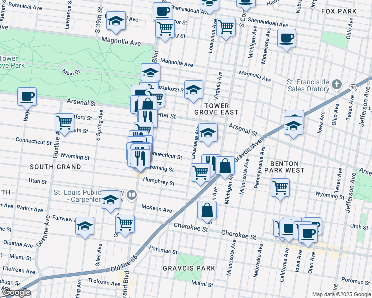 map of restaurants, bars, coffee shops, grocery stores, and more near 3400 Connecticut Street in St. Louis