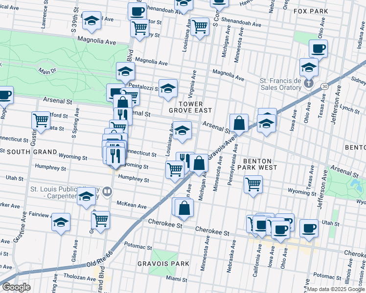 map of restaurants, bars, coffee shops, grocery stores, and more near 3230 Hartford Street in St. Louis