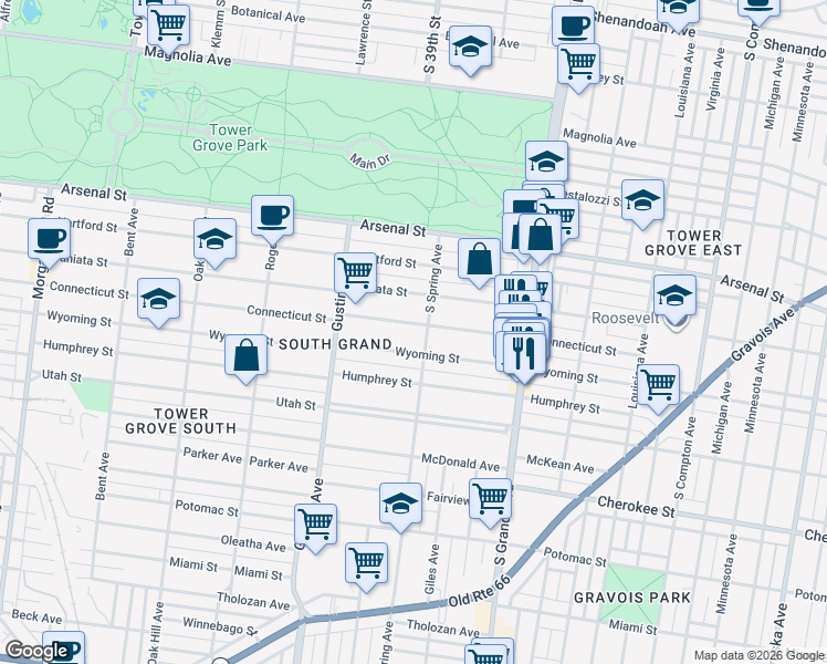 map of restaurants, bars, coffee shops, grocery stores, and more near 3820 Wyoming Street in St. Louis