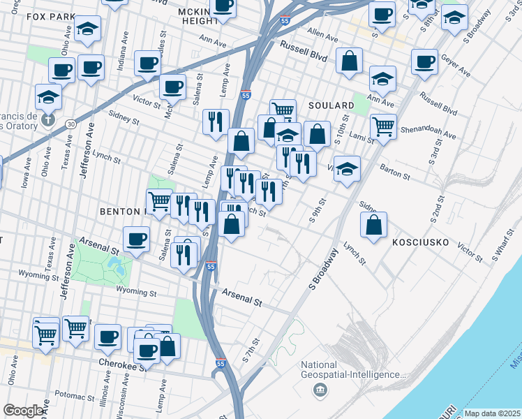 map of restaurants, bars, coffee shops, grocery stores, and more near 1115 Lynch Street in St. Louis