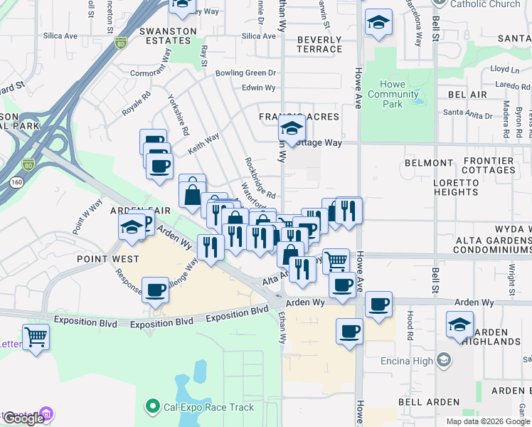 map of restaurants, bars, coffee shops, grocery stores, and more near 1913 Waterford Road in Sacramento
