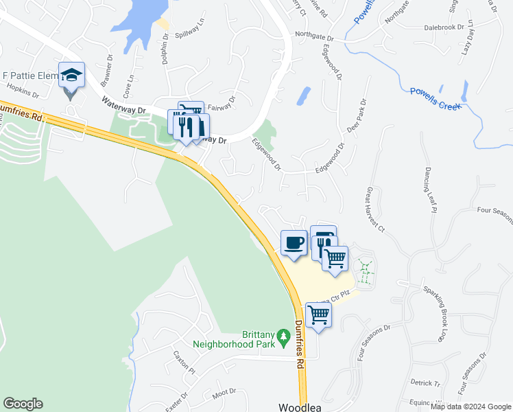 map of restaurants, bars, coffee shops, grocery stores, and more near 16242 Taconic Circle in Dumfries