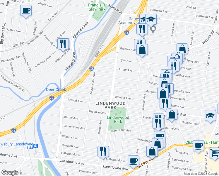 map of restaurants, bars, coffee shops, grocery stores, and more near 6912 Marquette Avenue in St. Louis