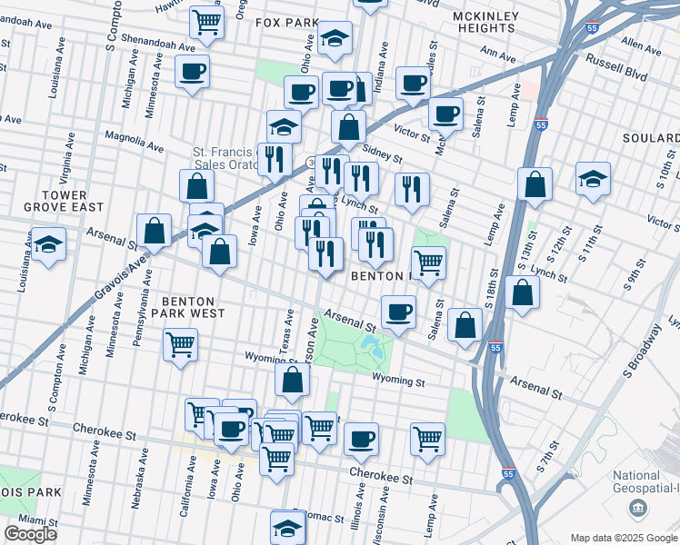 map of restaurants, bars, coffee shops, grocery stores, and more near 2915 Indiana Avenue in St. Louis