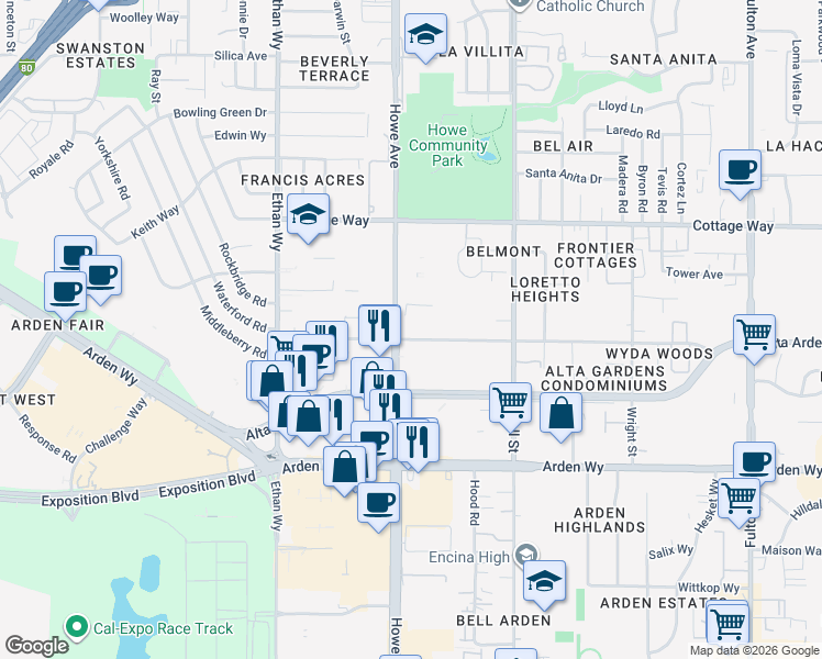 map of restaurants, bars, coffee shops, grocery stores, and more near 1940 Howe Avenue in Sacramento