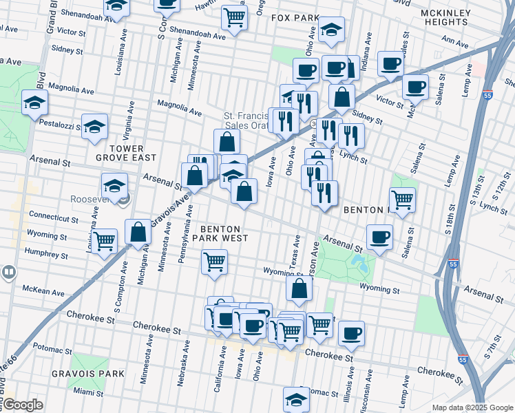 map of restaurants, bars, coffee shops, grocery stores, and more near 3000 Crittenden Street in St. Louis