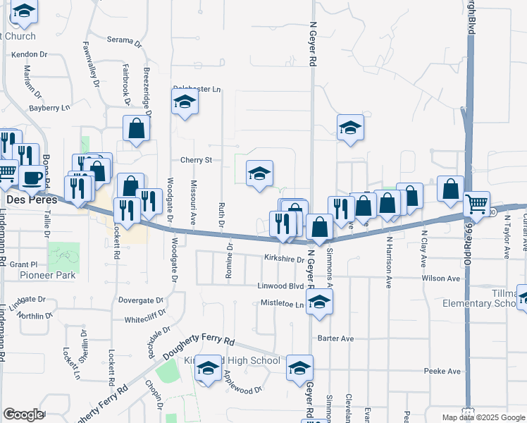 map of restaurants, bars, coffee shops, grocery stores, and more near 11287 Manchester Road in Kirkwood