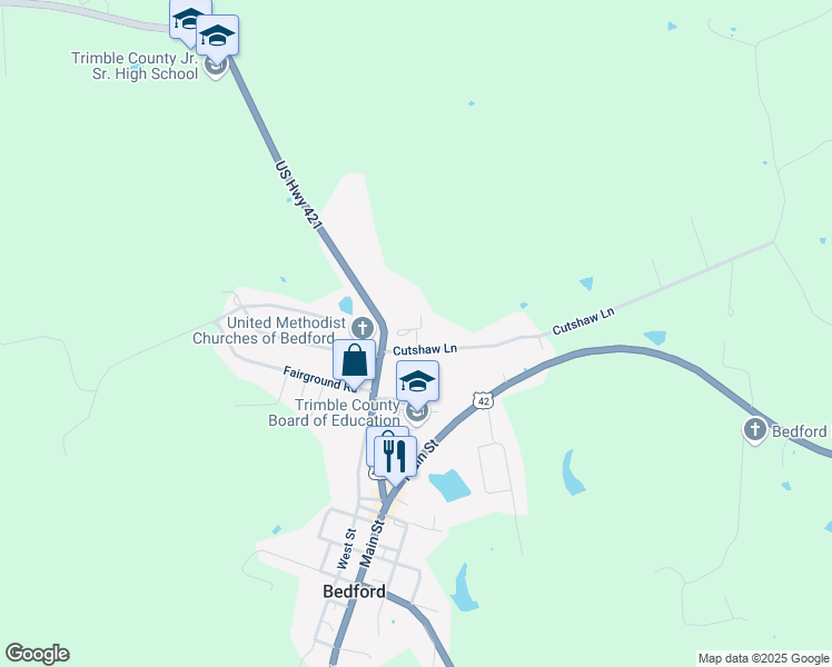 map of restaurants, bars, coffee shops, grocery stores, and more near Leisure Court in Bedford