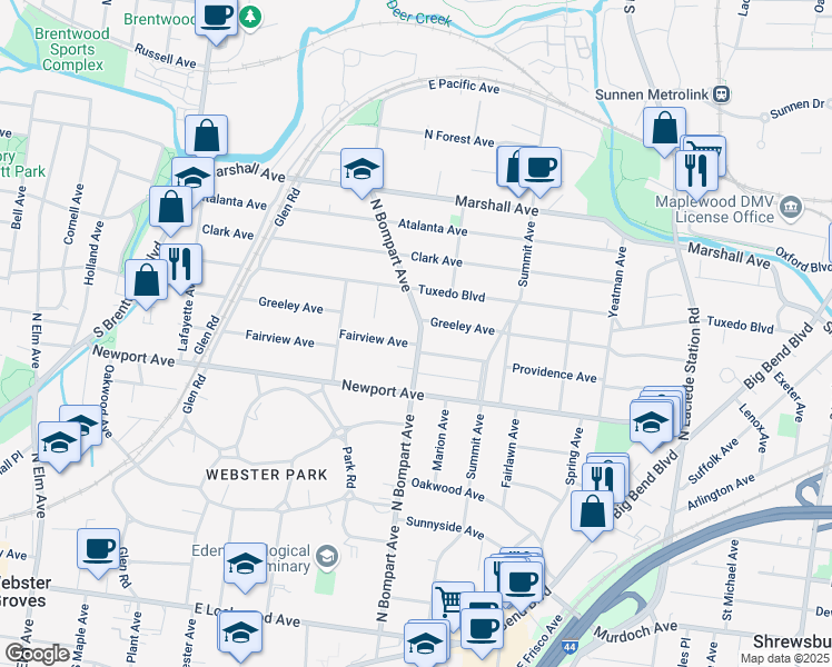 map of restaurants, bars, coffee shops, grocery stores, and more near 625 North Bompart Avenue in Webster Groves