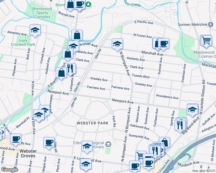 map of restaurants, bars, coffee shops, grocery stores, and more near 532 Greeley Avenue in Webster Groves
