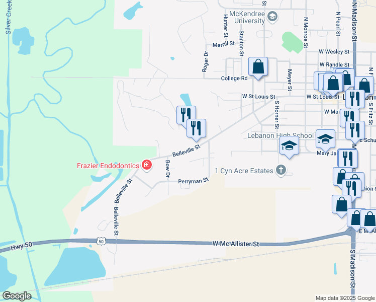 map of restaurants, bars, coffee shops, grocery stores, and more near Belleville Street in Lebanon