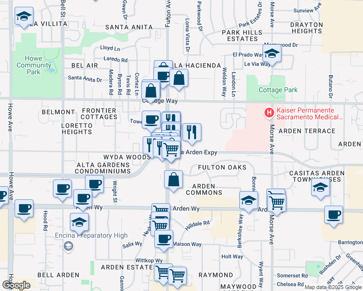 map of restaurants, bars, coffee shops, grocery stores, and more near 2625 Alta Arden Expressway in Sacramento