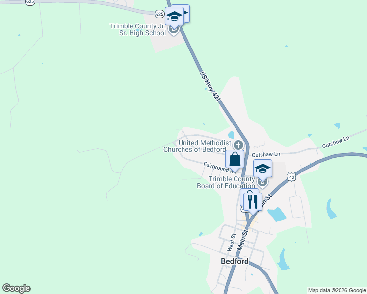 map of restaurants, bars, coffee shops, grocery stores, and more near Fairview Circle in Bedford