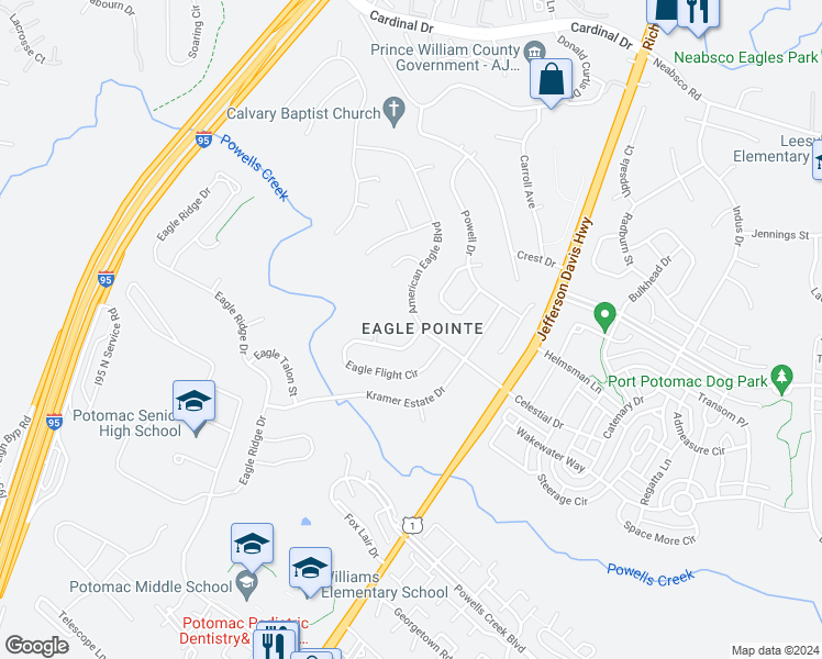 map of restaurants, bars, coffee shops, grocery stores, and more near 16200 Eagle Flight Circle in Woodbridge