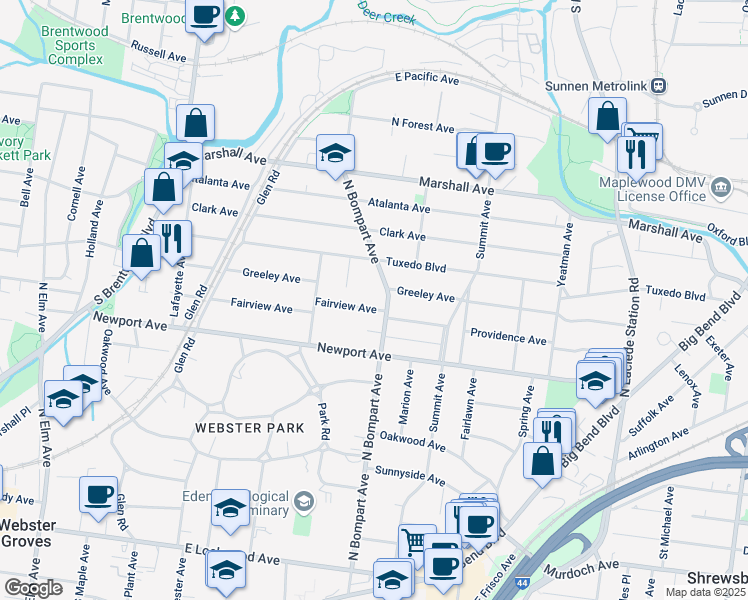 map of restaurants, bars, coffee shops, grocery stores, and more near 625 North Bompart Avenue in Webster Groves