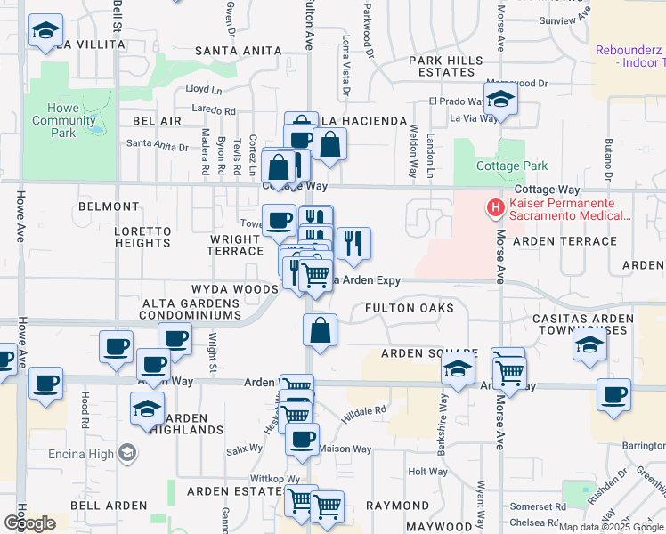 map of restaurants, bars, coffee shops, grocery stores, and more near 2600 Juniper Ln in Sacramento
