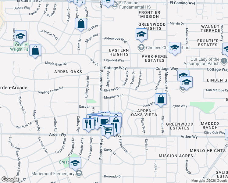map of restaurants, bars, coffee shops, grocery stores, and more near 4341 Ulysses Drive in Sacramento