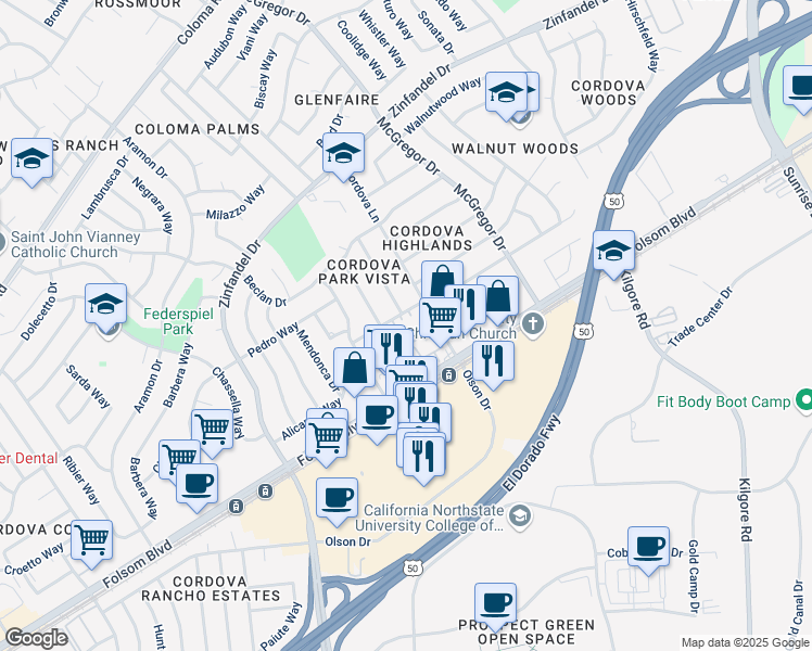 map of restaurants, bars, coffee shops, grocery stores, and more near 10731 Le Ann Drive in Rancho Cordova