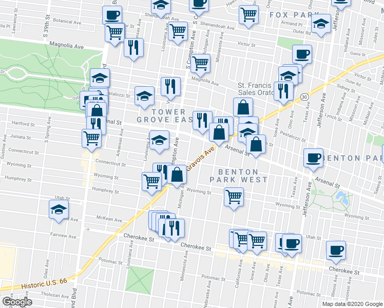 map of restaurants, bars, coffee shops, grocery stores, and more near 3116 Michigan Avenue in St. Louis